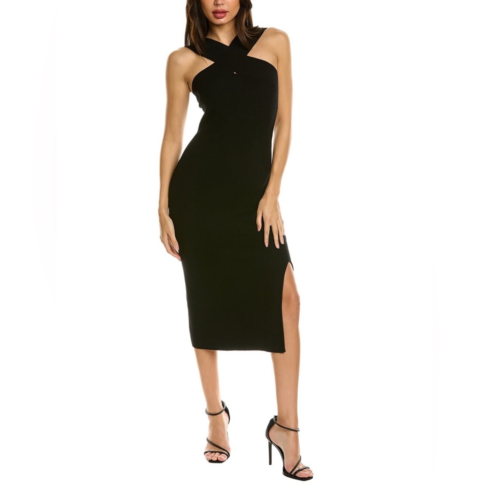 LN BAILEY44 BLACK RIBBED CROSSOVER MIDI DRESS (L)